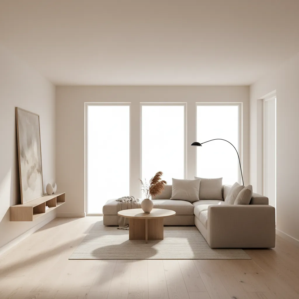 Bright living room with warm white walls and natural light