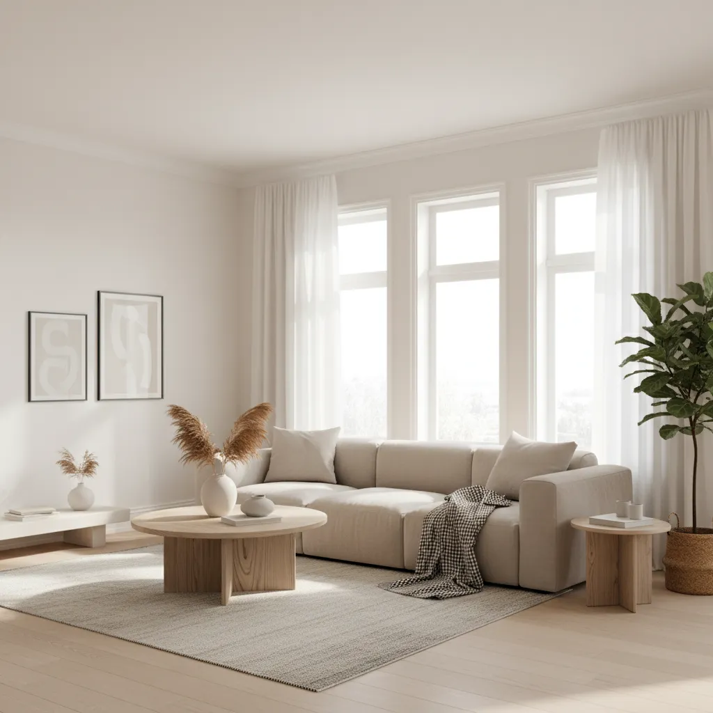 Bright living room with warm white walls and minimalist furniture