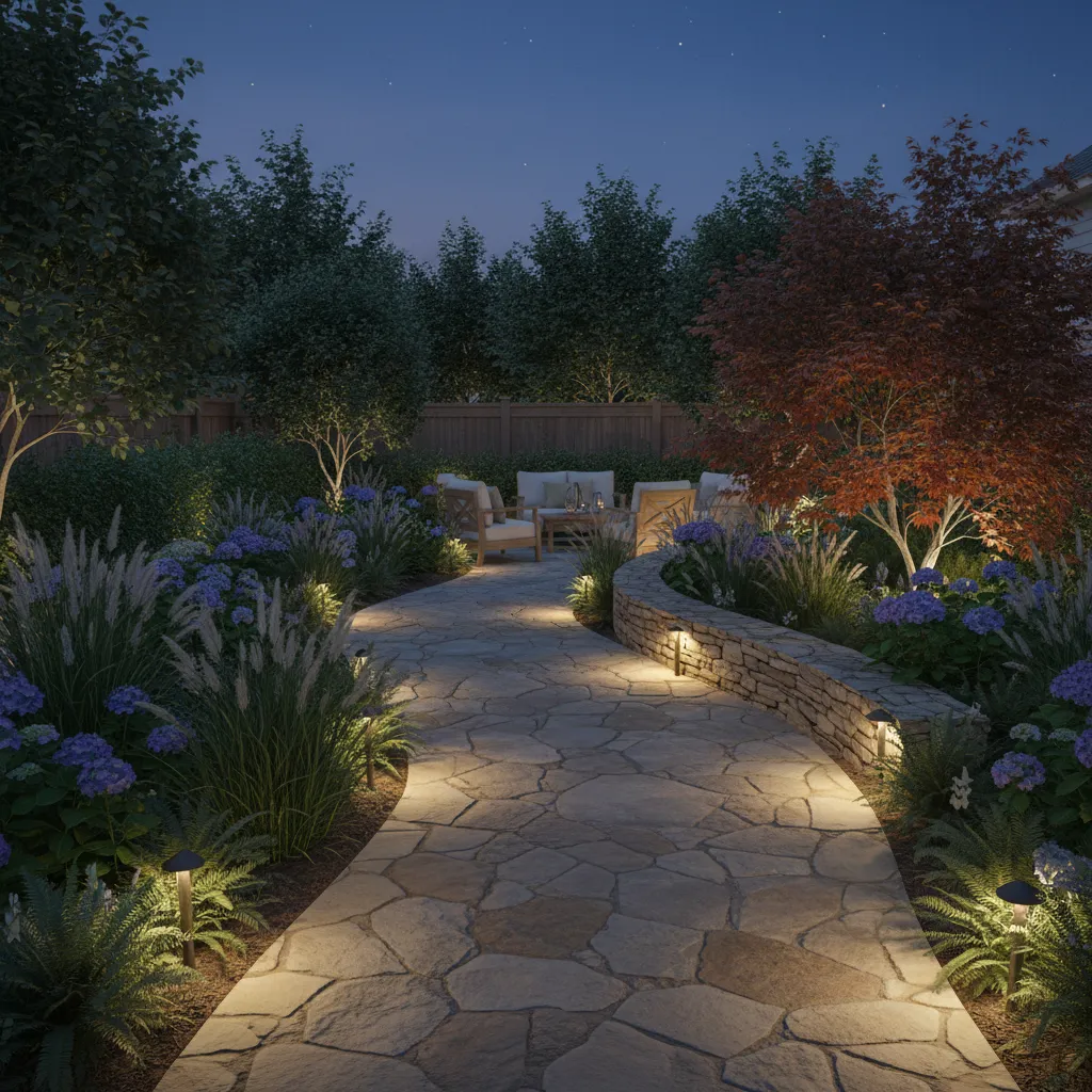 Warm white LED garden lighting illuminating pathway and plants