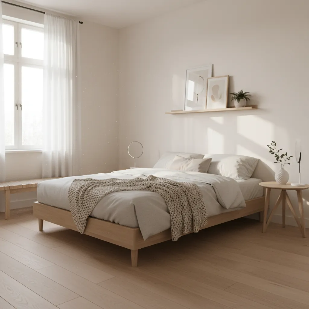 Small bedroom painted warm white with natural light creating an open feeling
