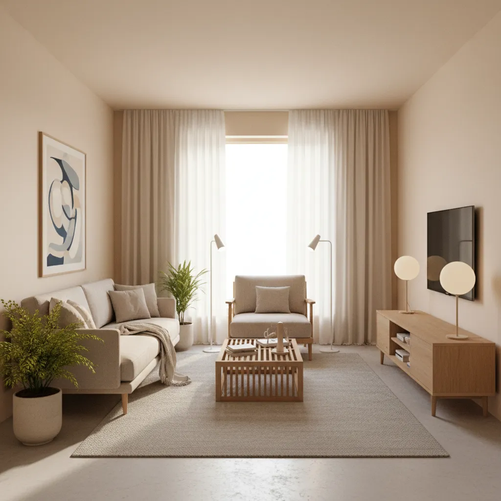 Small living hall room with warm white walls and natural wood furniture