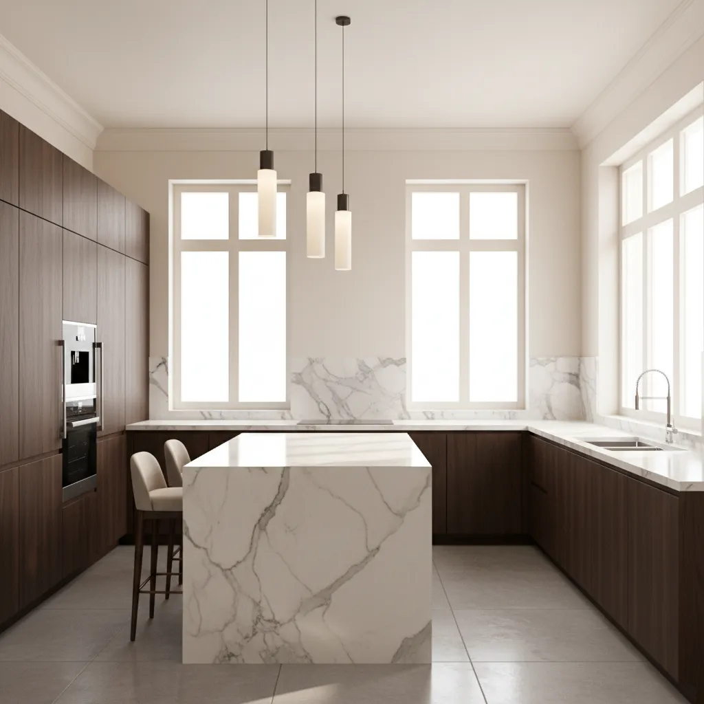 Dark wood kitchen cabinets with marble island, marble backsplash, white walls, and three ceiling lights