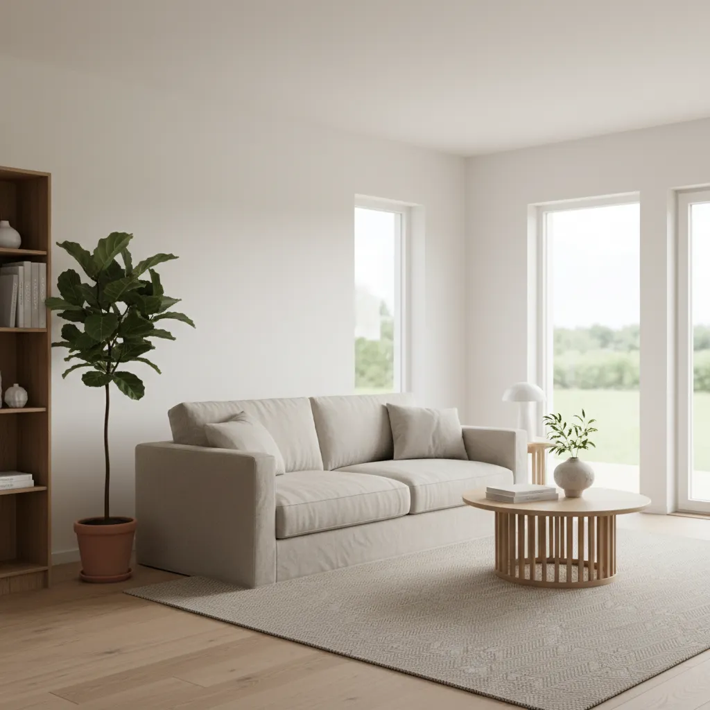 living room with warm white walls and natural oak furniture