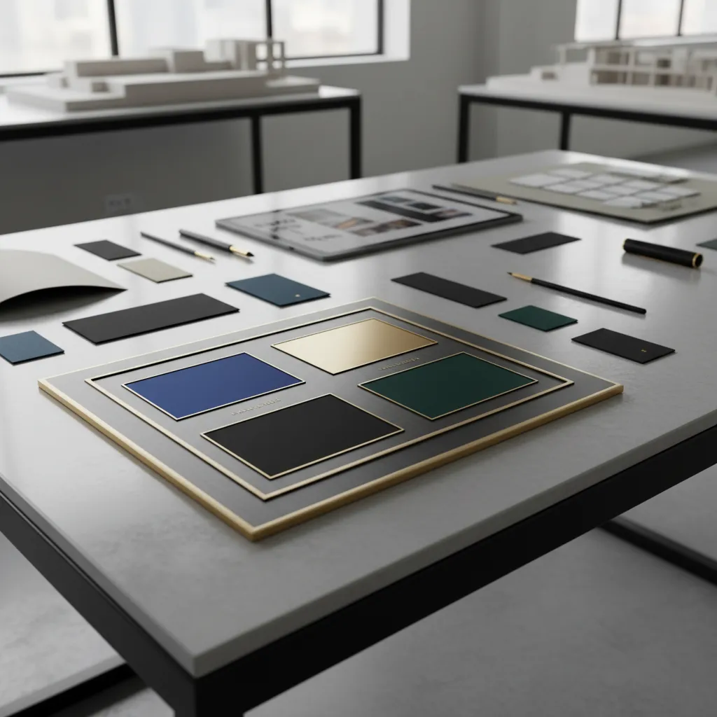 Color palette board with blue and gold swatches on desk with pens and small models