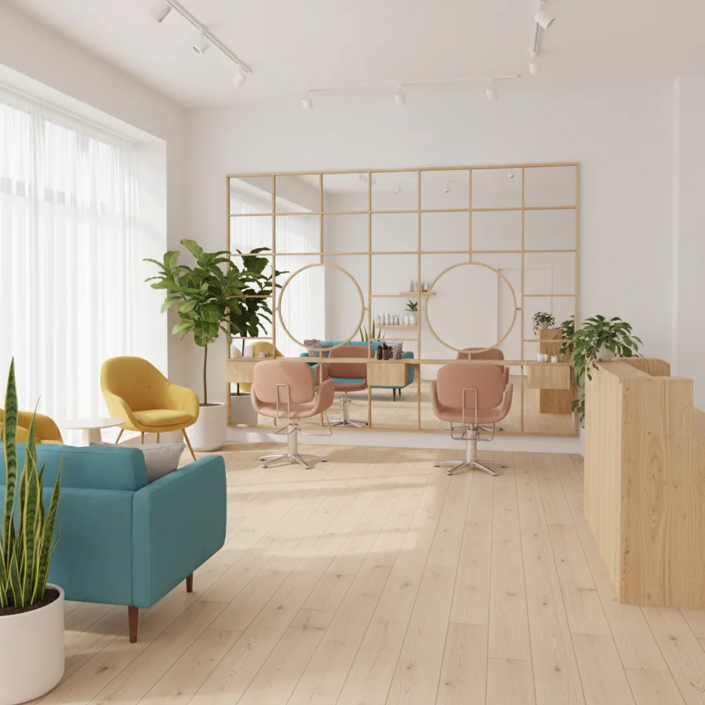 Interior salon kecil dengan warna terang