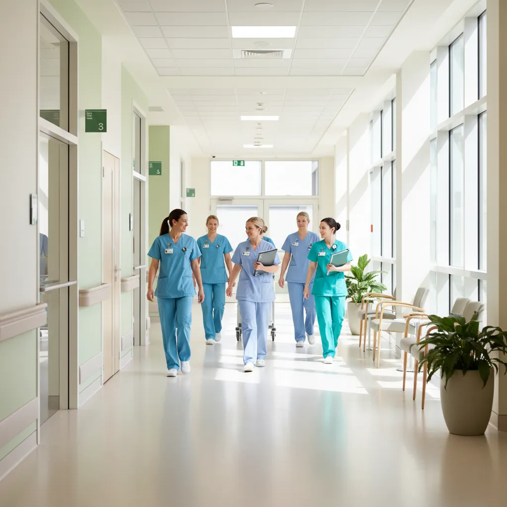 Tenaga medis memakai seragam warna biru dan hijau di ruang rumah sakit