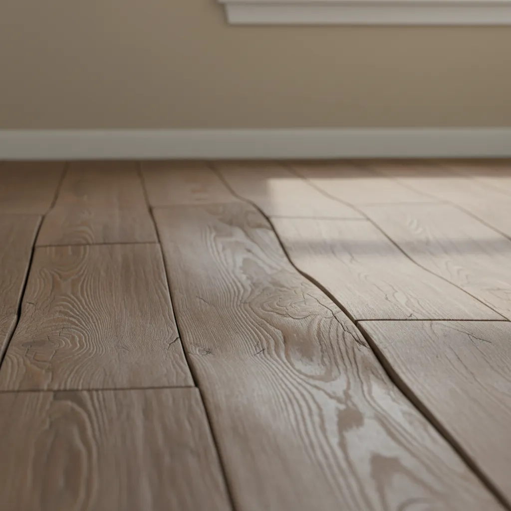 Close view of warped laminate flooring caused by moisture damage