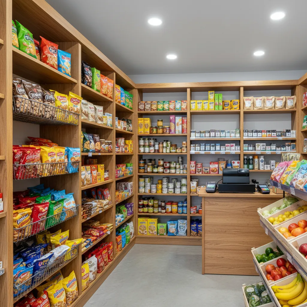 Interior warung kecil dengan rak dinding