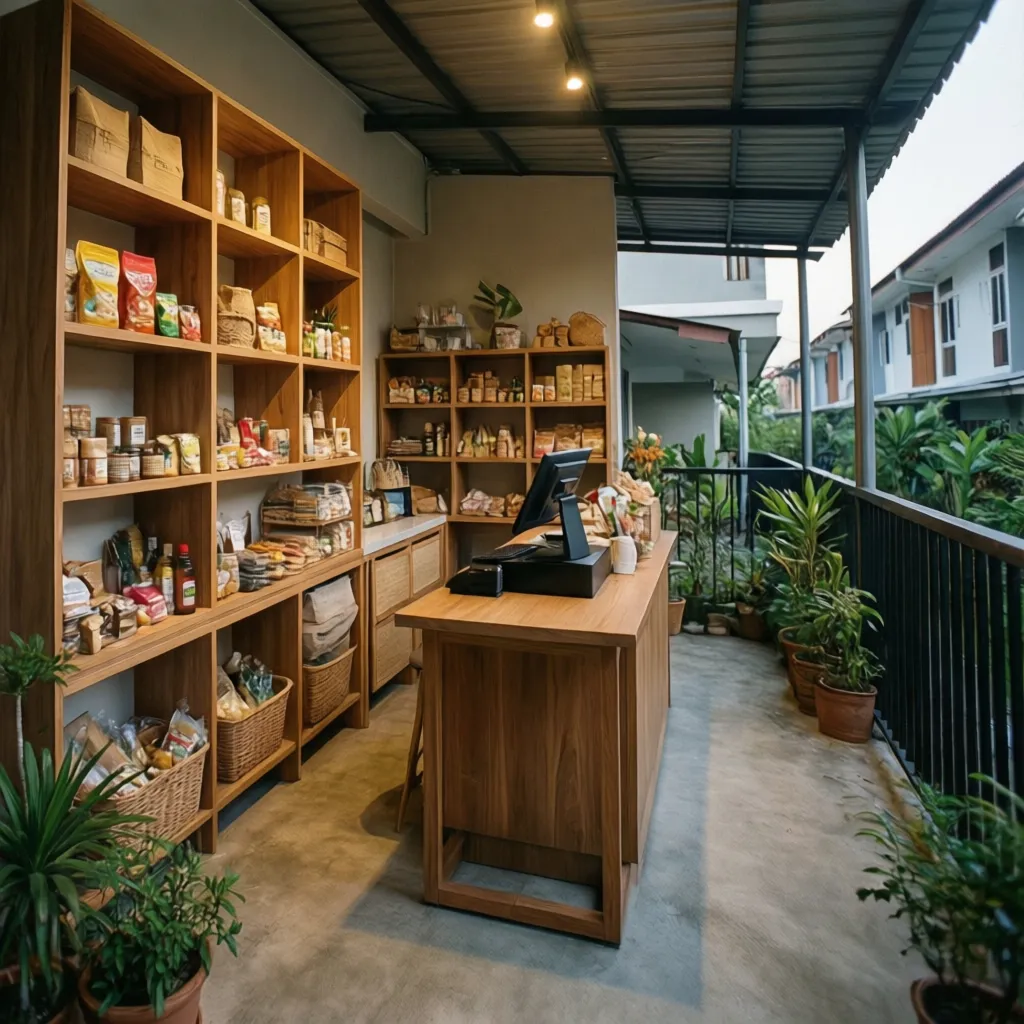 Warung minimalis di teras rumah dengan rak kayu dan pencahayaan terang
