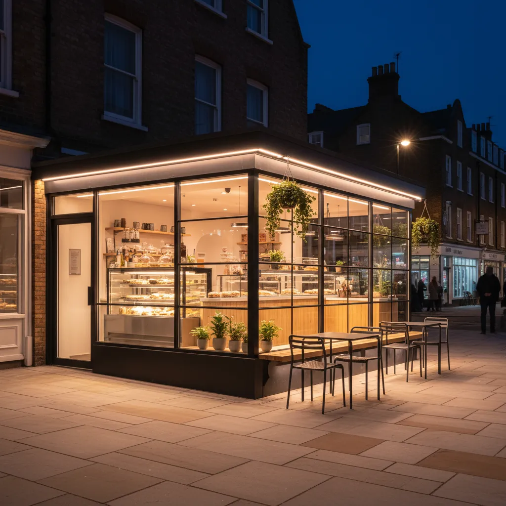 Warung teras rumah dengan desain modern dan pencahayaan malam