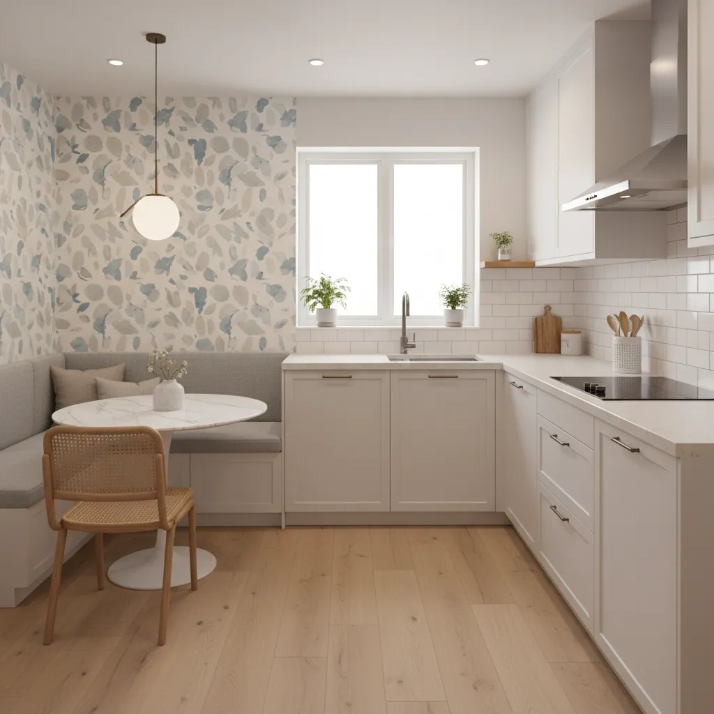 Stylish small kitchen with washable wallpaper accent wall and tile backsplash
