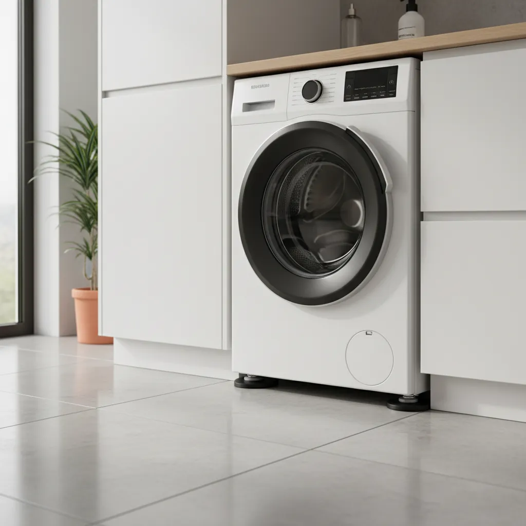 Front load washing machine installed with anti vibration pads on laundry floor