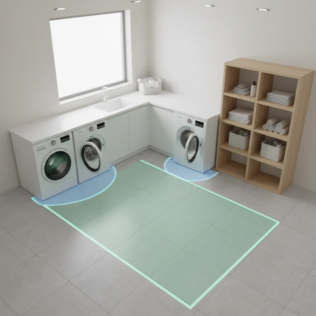 washer dryer clearance spacing illustration in a small laundry room