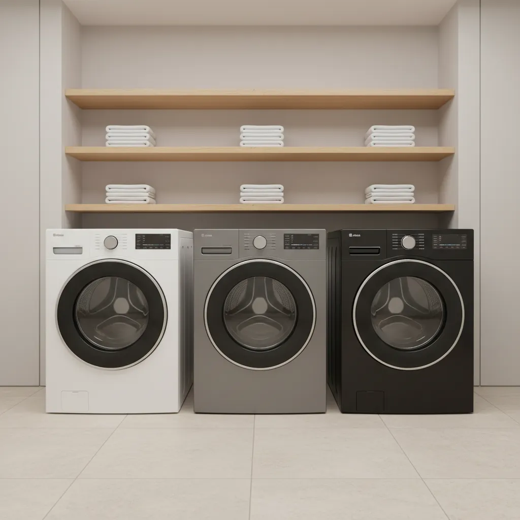 Comparison of white grey and black washer dryer finishes in a laundry room