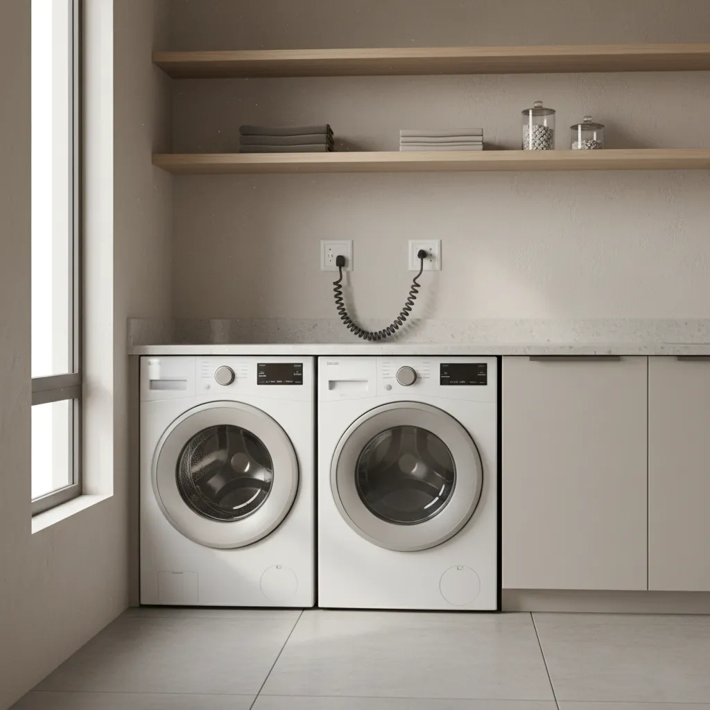 Washer and dryer sticking out from wall due to outlet behind appliance