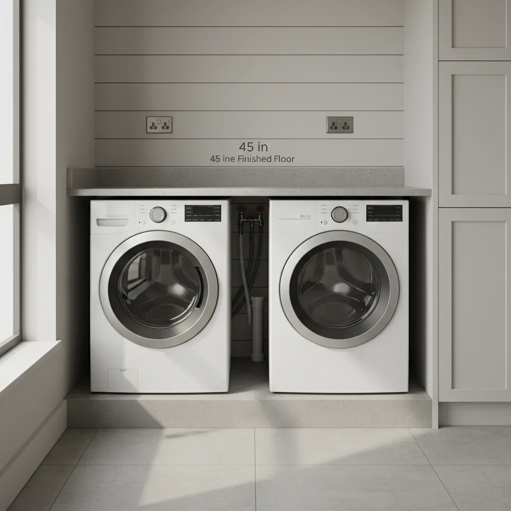 washer and dryer installation wall with outlets and water valves positioned above appliances