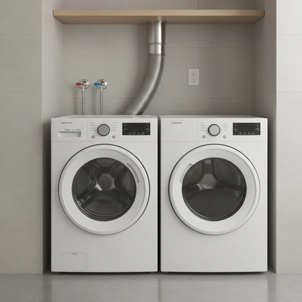 laundry wall showing electrical outlet offset from dryer vent and plumbing valves