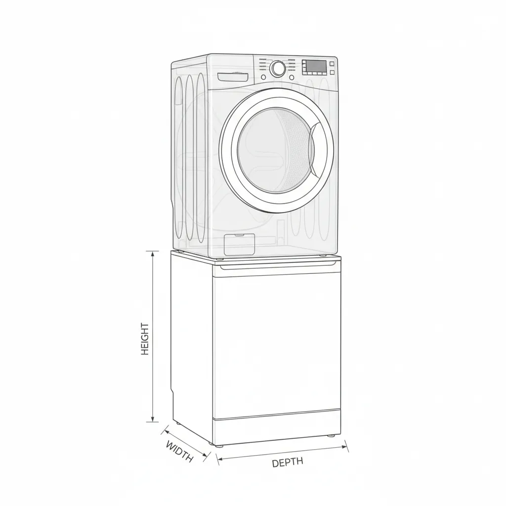 Illustration of washer pedestal dimensions showing height width and depth standards