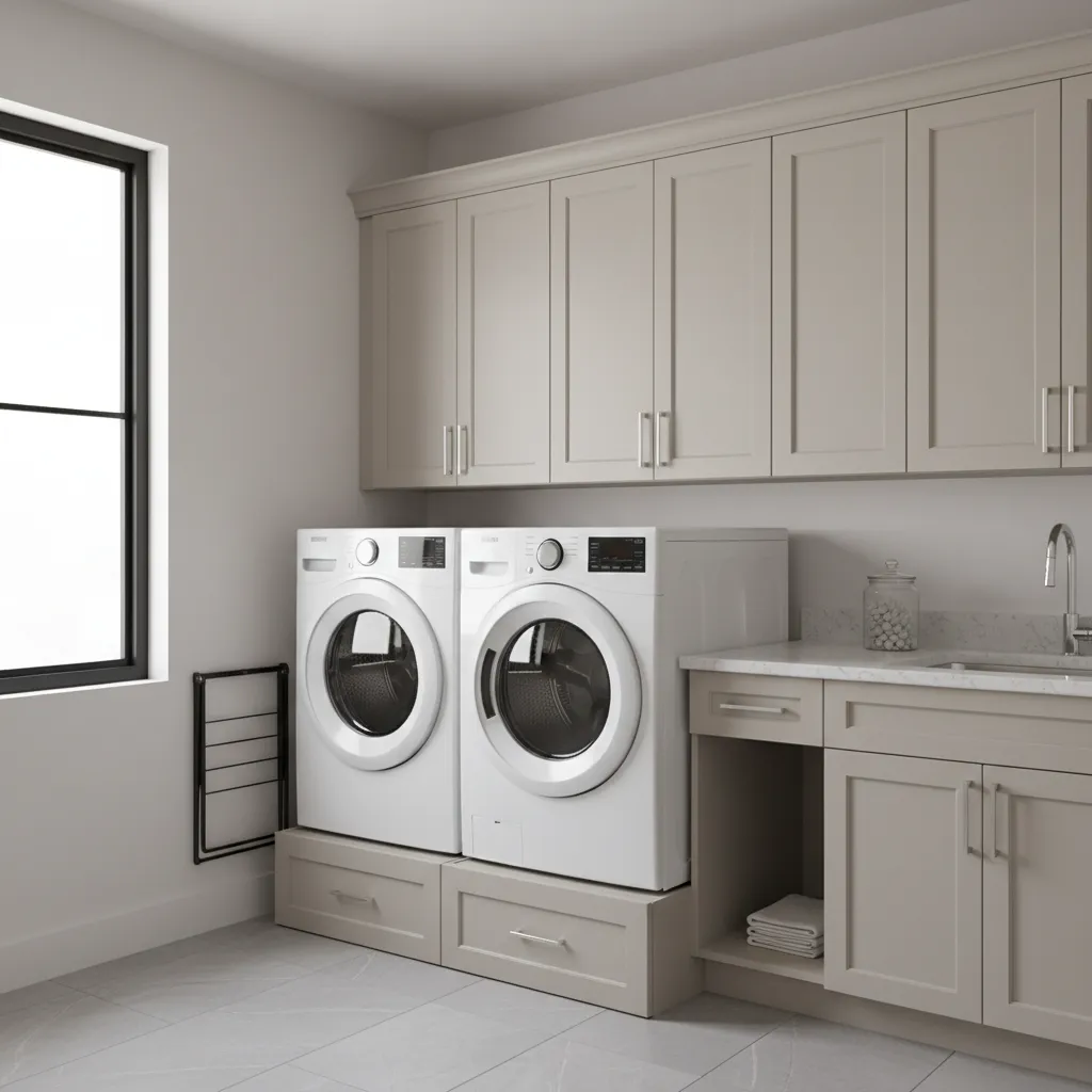 Front load washer installed on a pedestal drawer platform in a residential laundry room