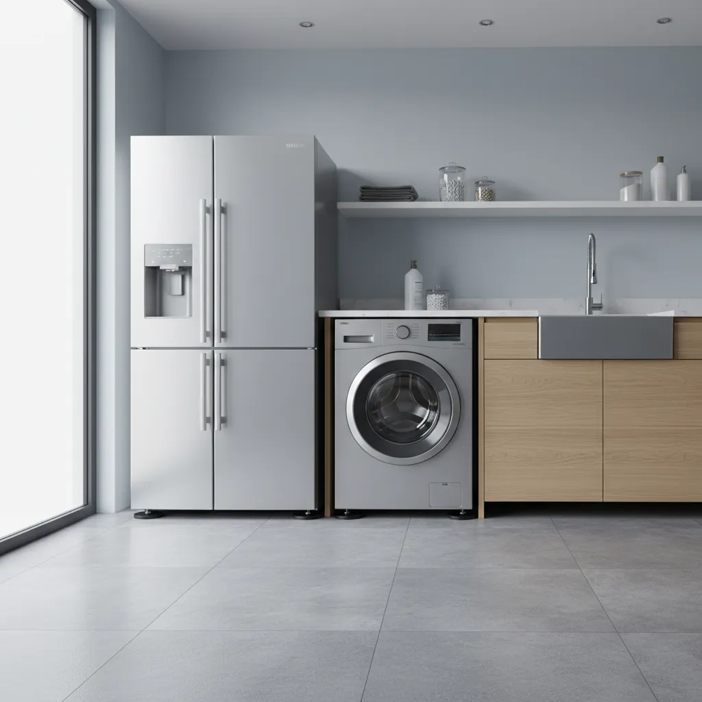 washer and refrigerator with anti vibration pads in laundry room