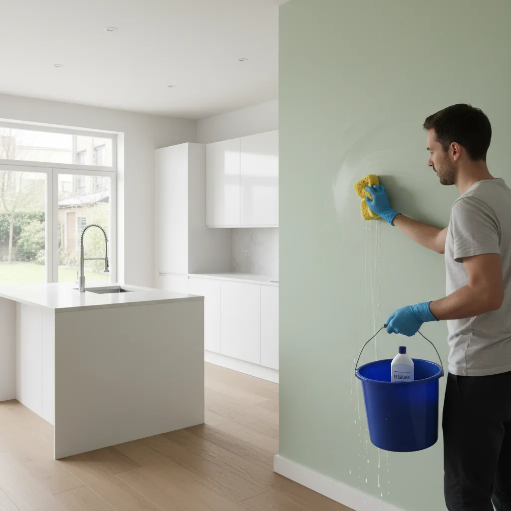 Man cleaning a green kitchen wall with a yellow sponge and holding a blue bucket