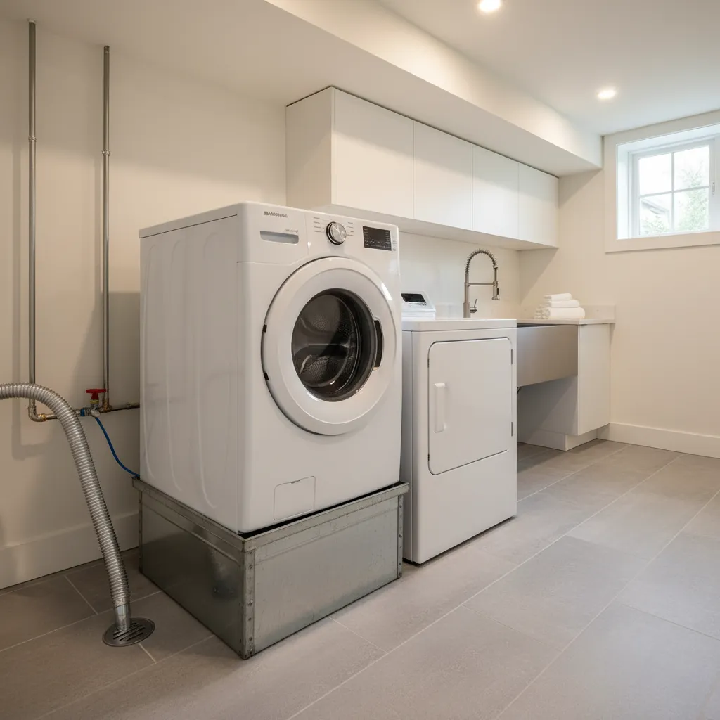 Washing machine sitting in metal drain pan connected to floor drain