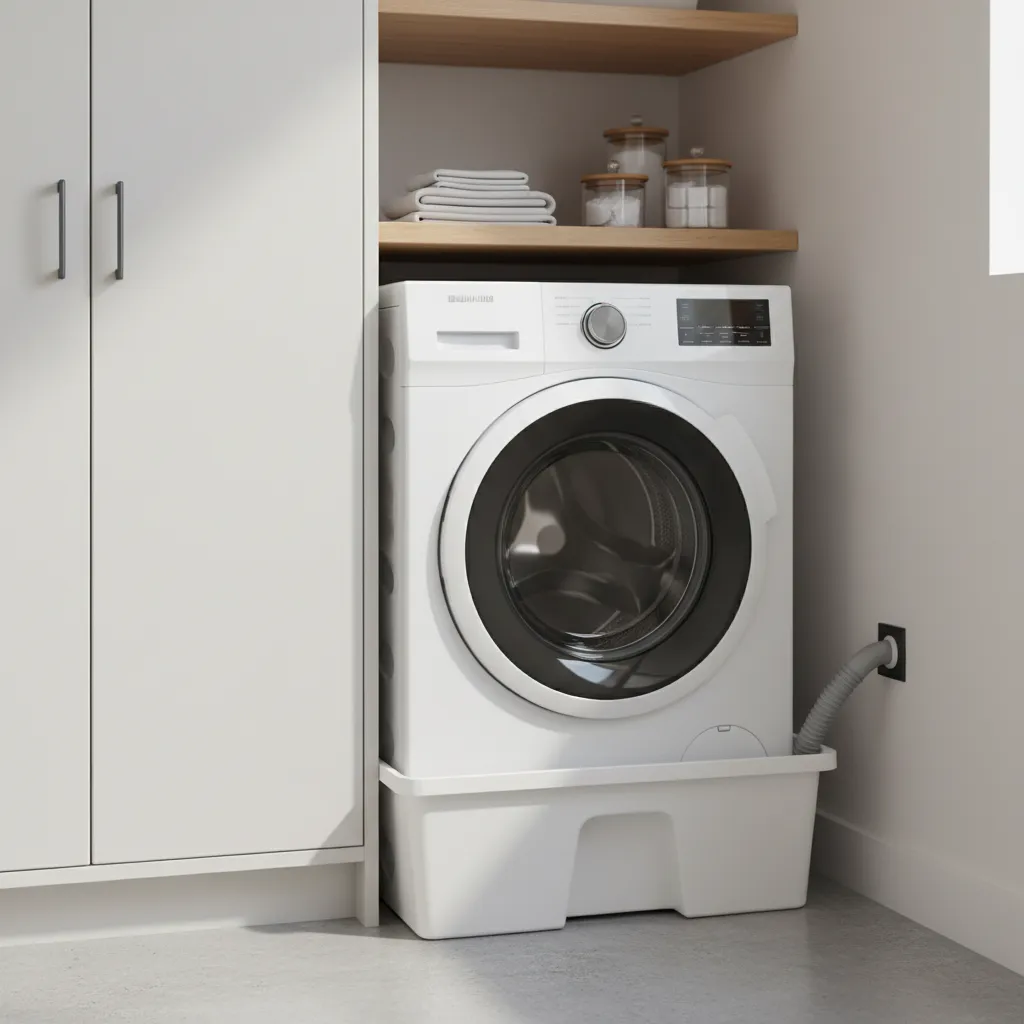 Plastic washing machine drain pan installed under a front load washer