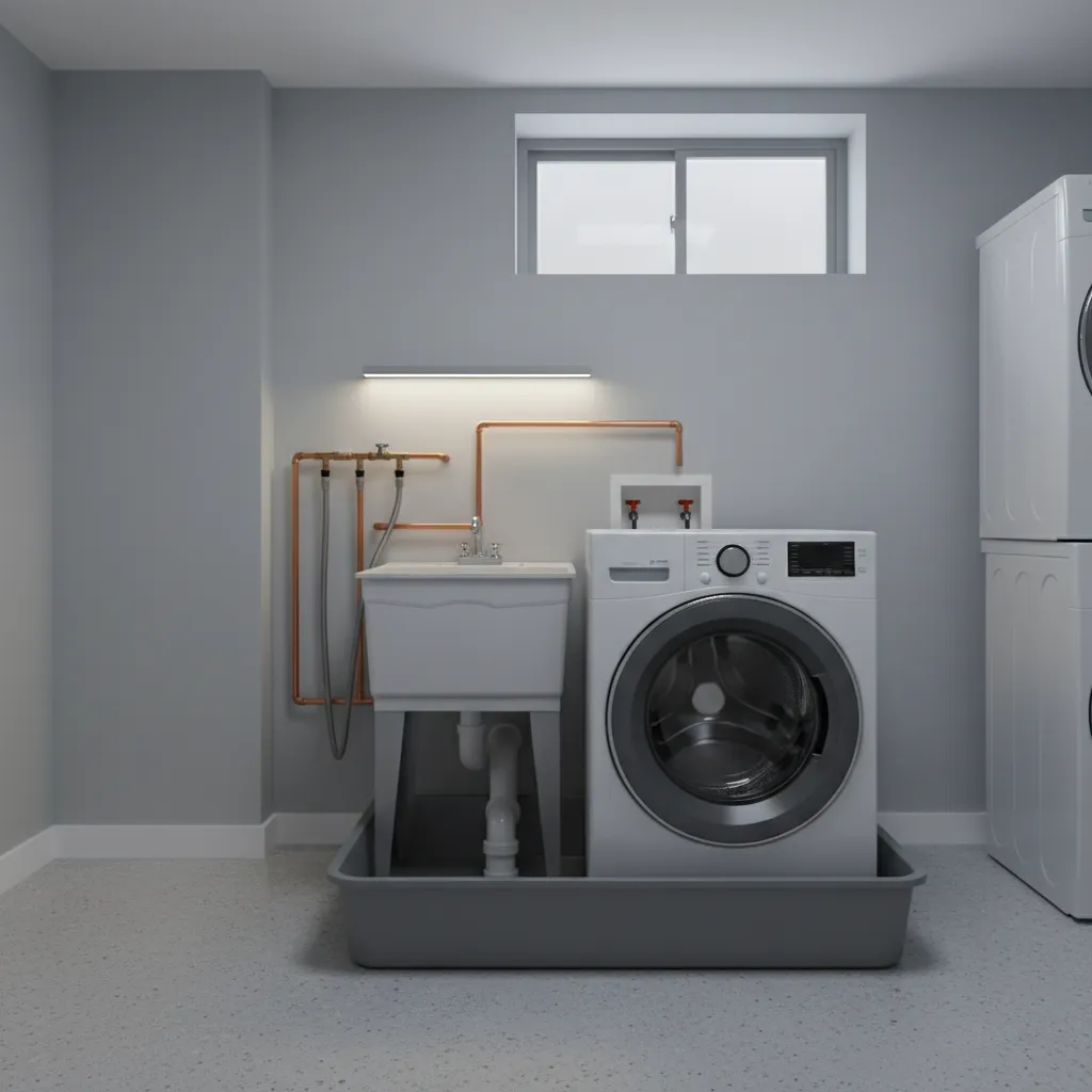 washing machine installed with drip pan protecting basement floor