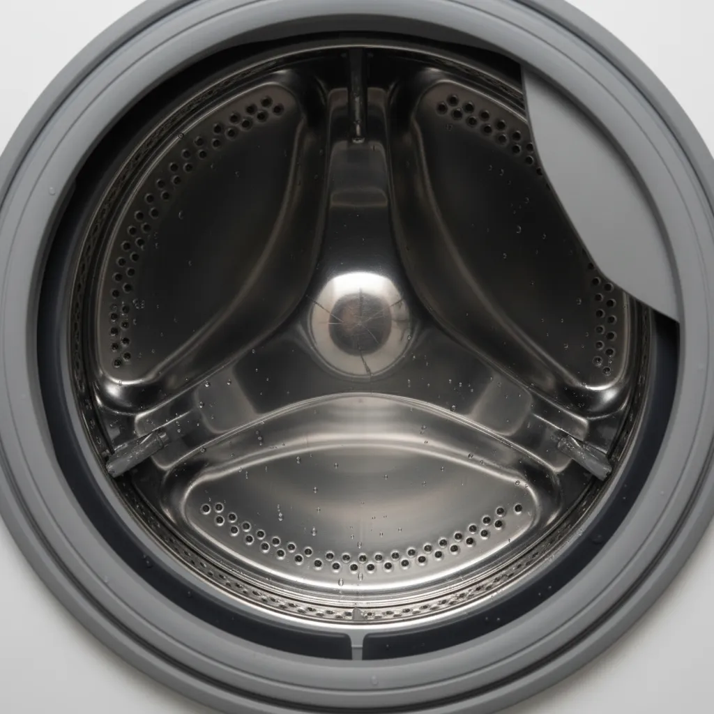 Close-up of washing machine drum and rubber seal where moisture and bacteria can accumulate