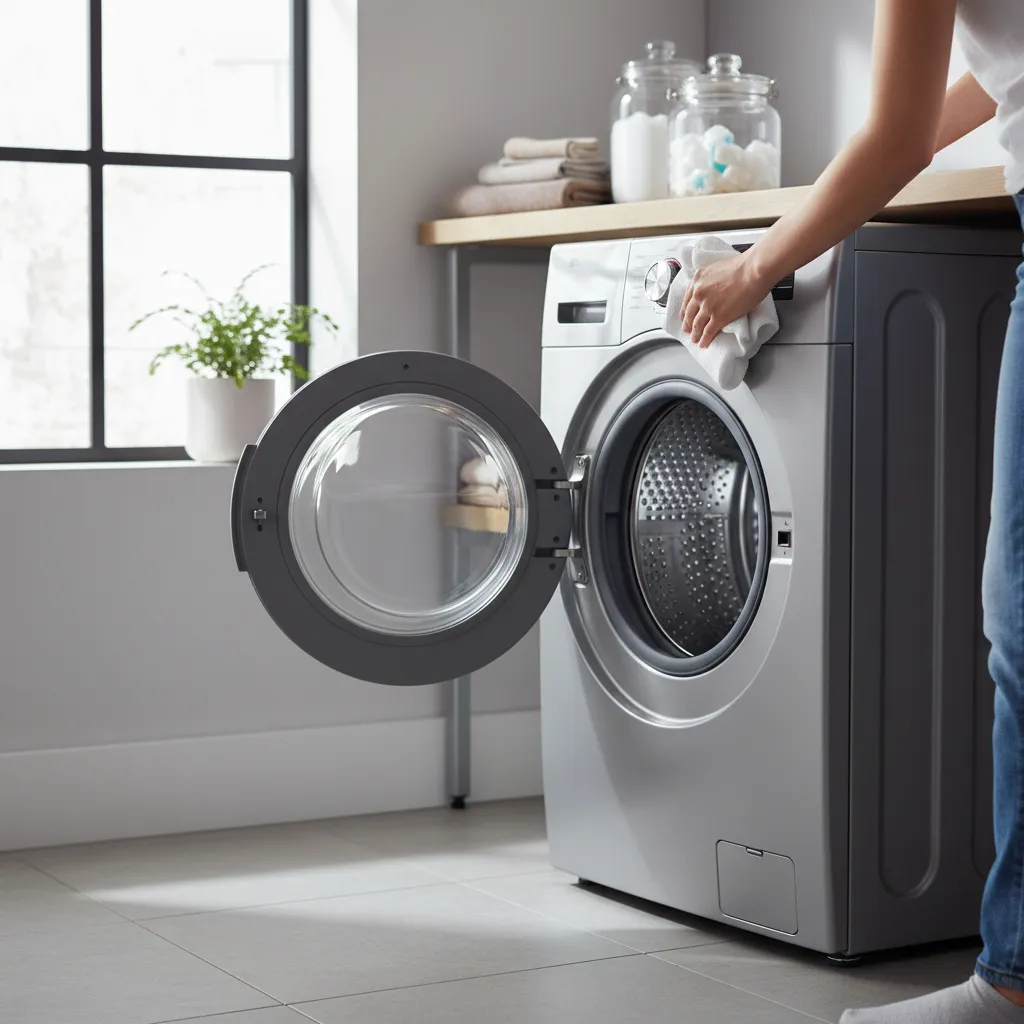 cleaning washing machine drum and rubber seal during routine maintenance