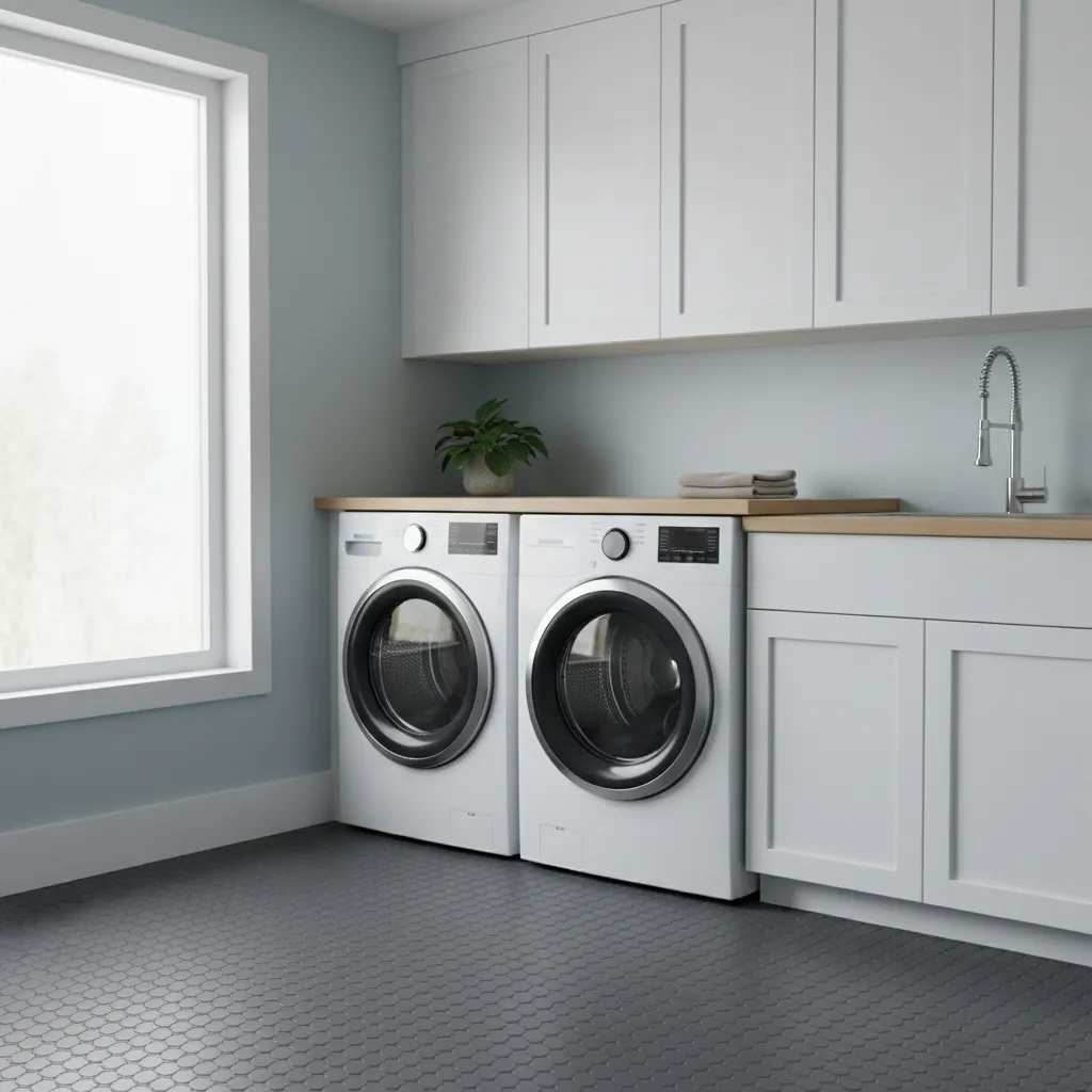 Front load washer installed on rubber flooring in a modern laundry room