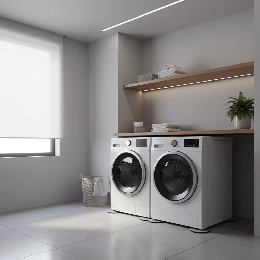 Two white washing machines with stability pads on grey tile floor near a bright window