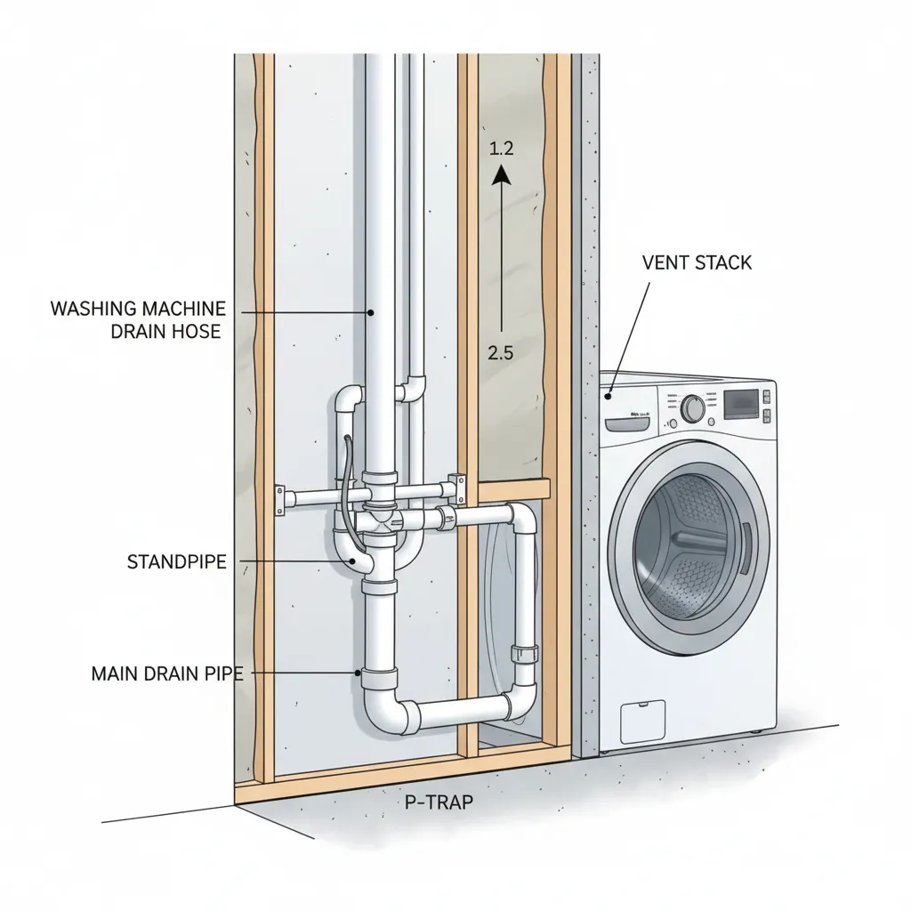 washing machine standpipe plumbing vent diagram showing trap and vent connection
