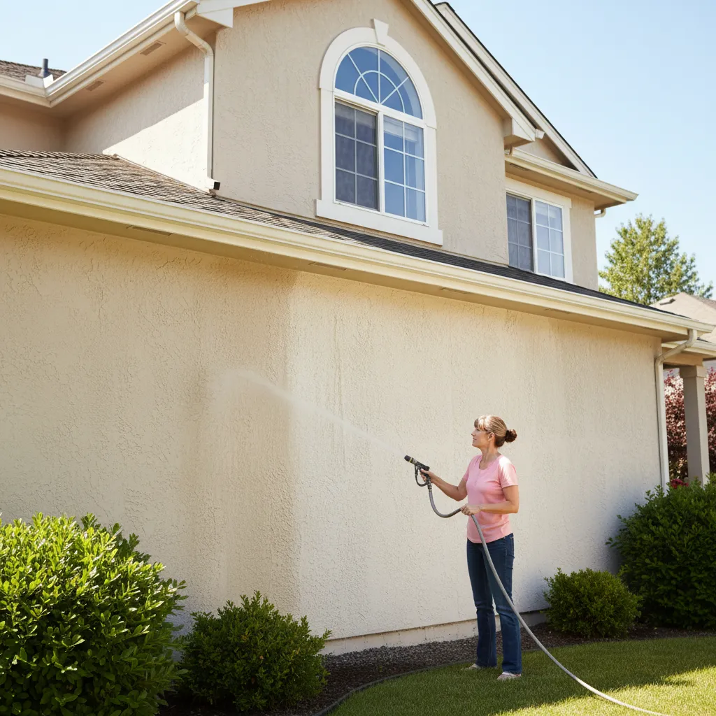 Cleaning exterior stucco wall as part of maintenance