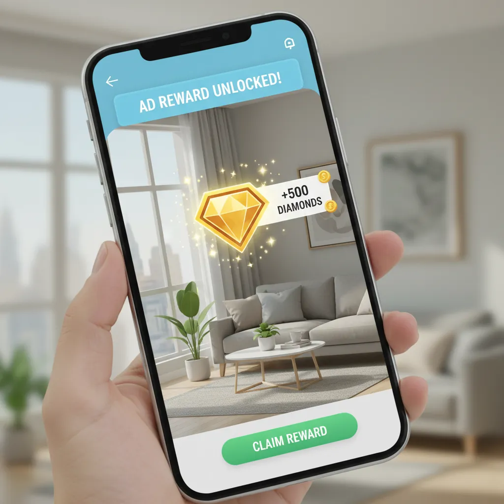 Mobile ad reward system showing diamonds credited after watching an ad