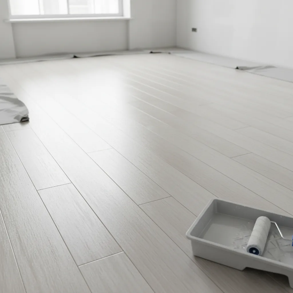 Water-based floor paint drying on modern wood floor surface close-up