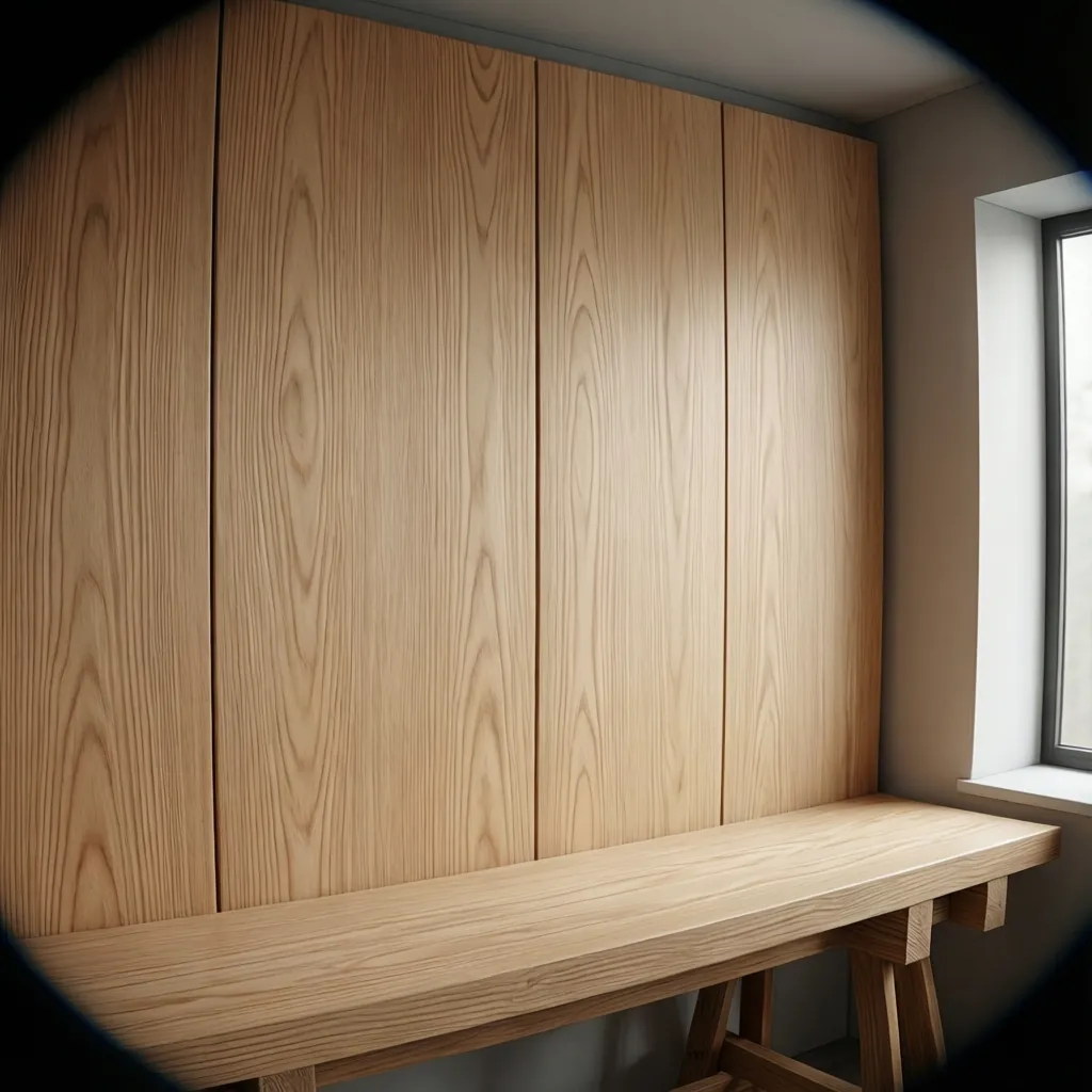 Wood panel with water based stain showing lighter clean tone after drying