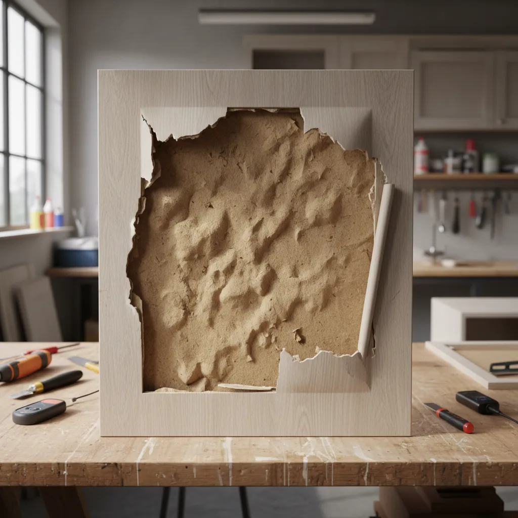 Cabinet door with swollen substrate under damaged laminate