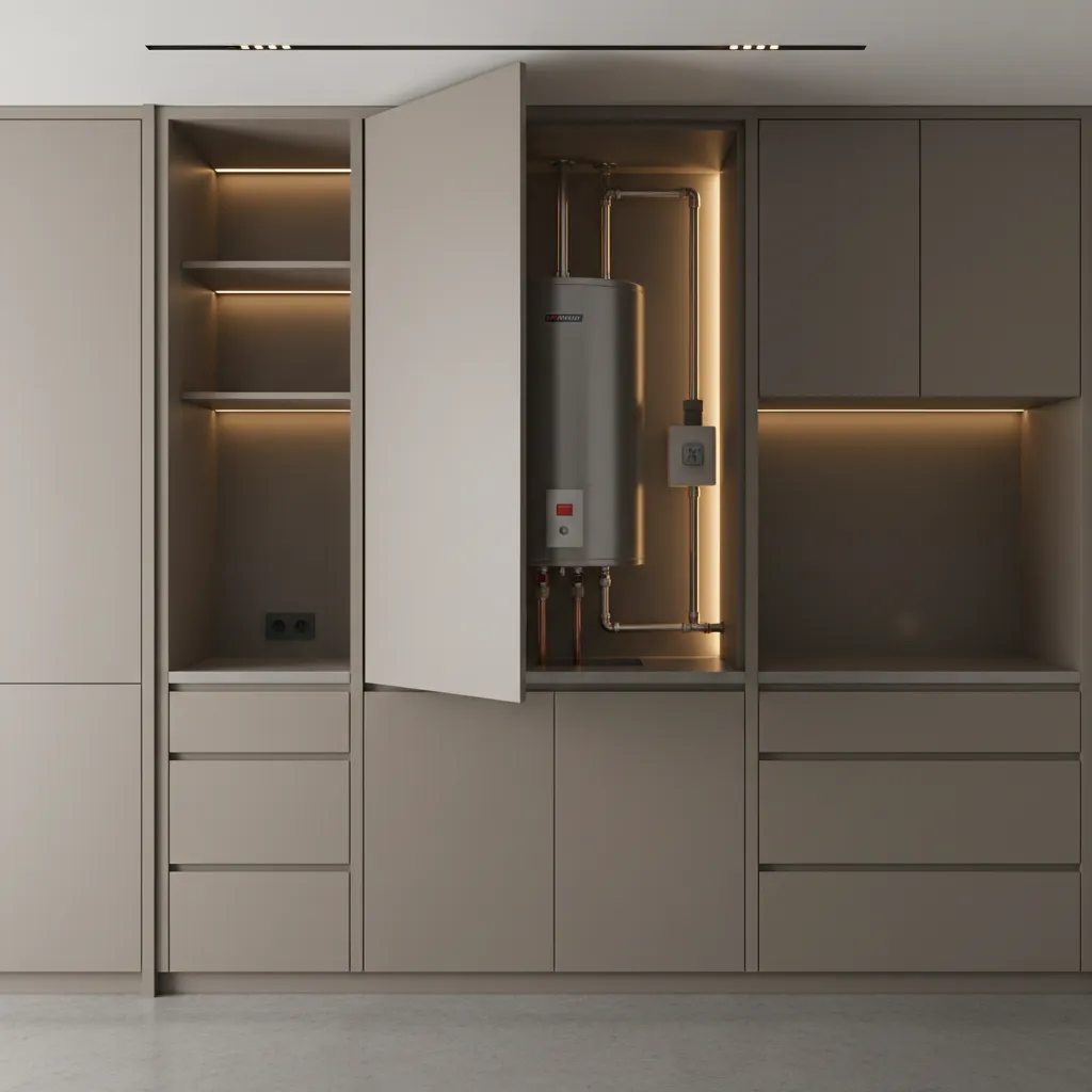 built in cabinet with removable access panel for water heater maintenance