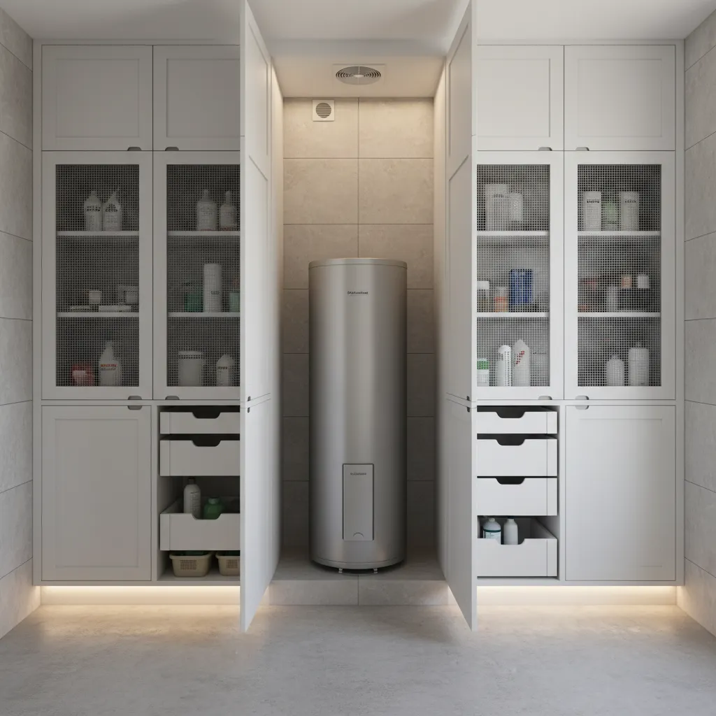 Water heater enclosure with ventilation gaps and moisture-resistant materials