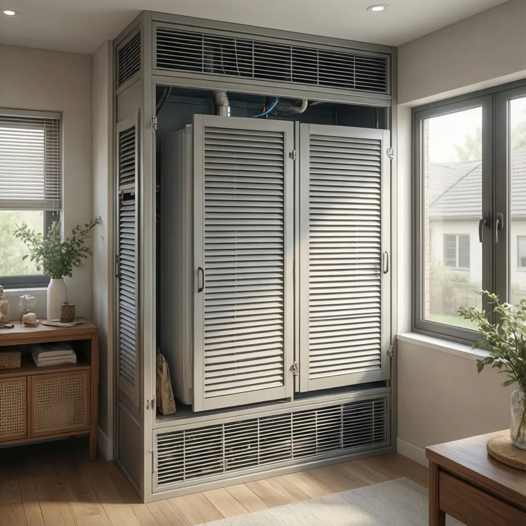 Ventilated cabinet design for hidden water heater with airflow panels