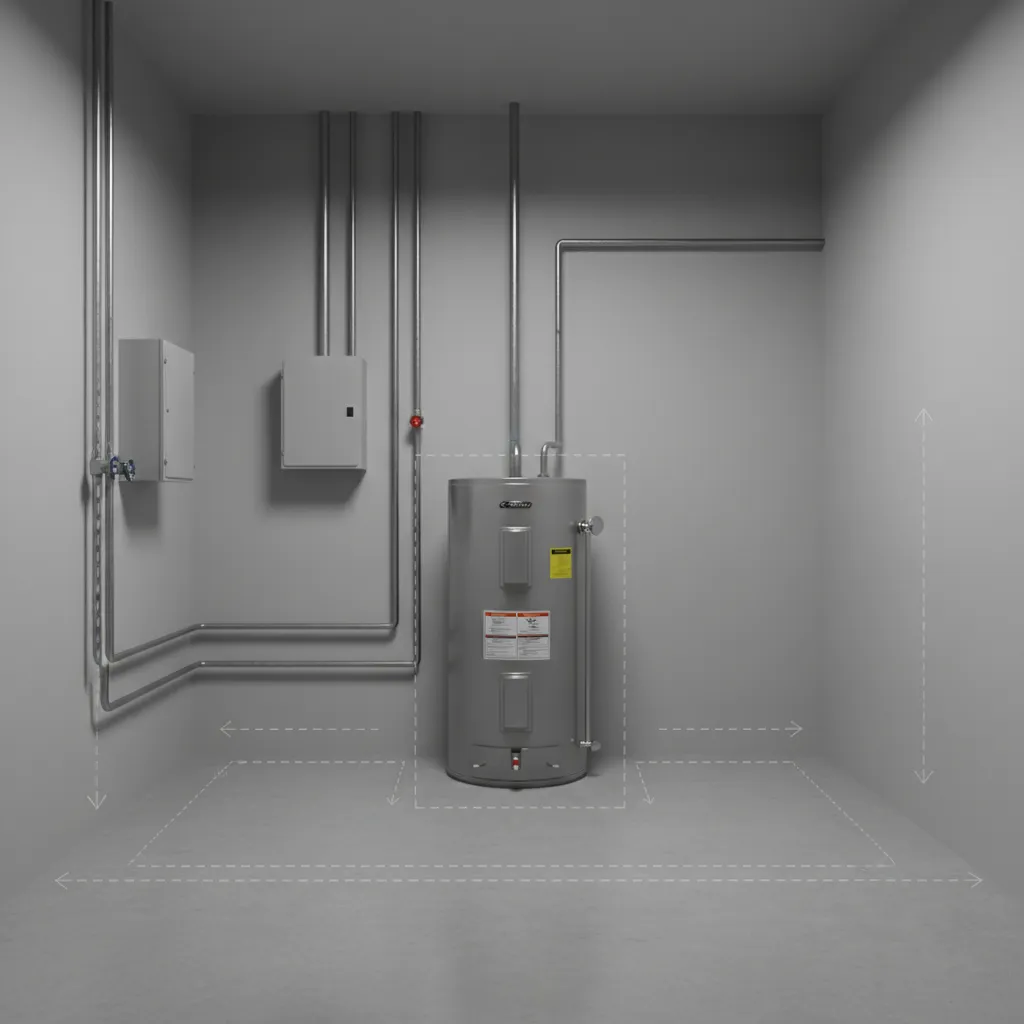 water heater with labeled clearance space around tank inside small room