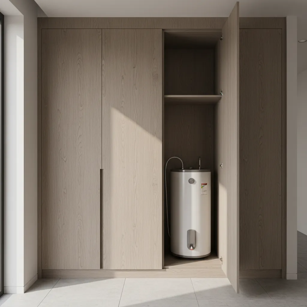 Residential water heater placed inside a modern cabinet enclosure