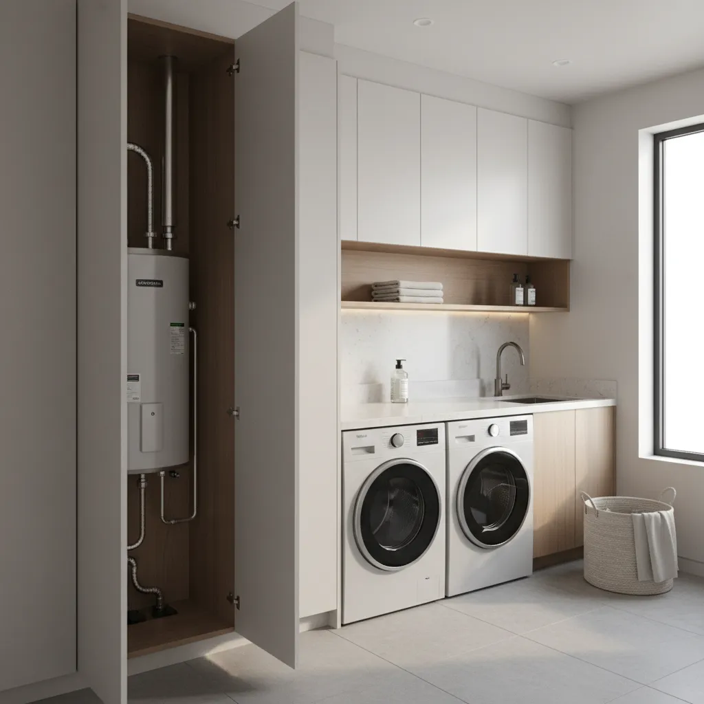 Laundry room with cabinet concealing a water heater