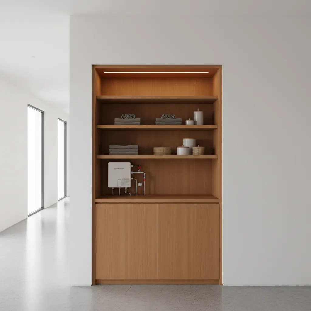 built in cabinet concealing water heater with storage shelves