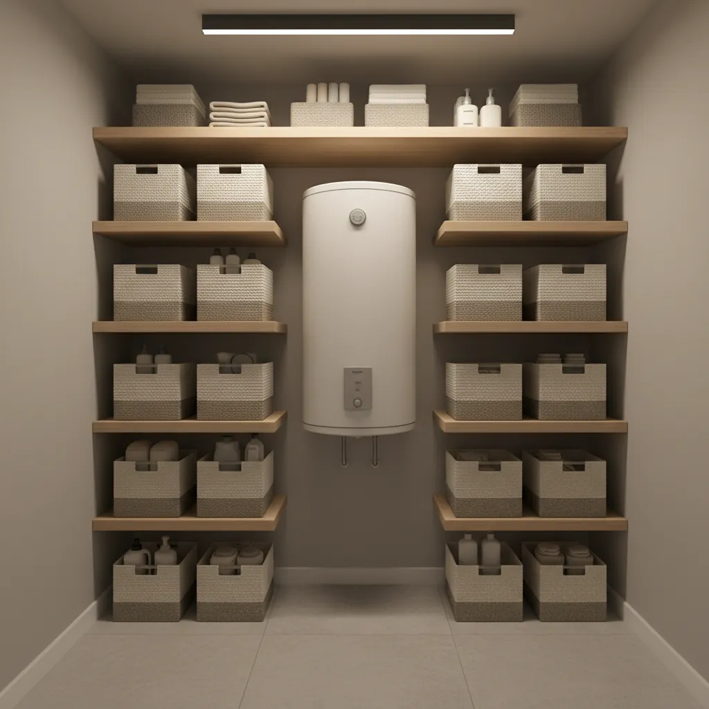 small apartment utility closet with water heater and organized storage
