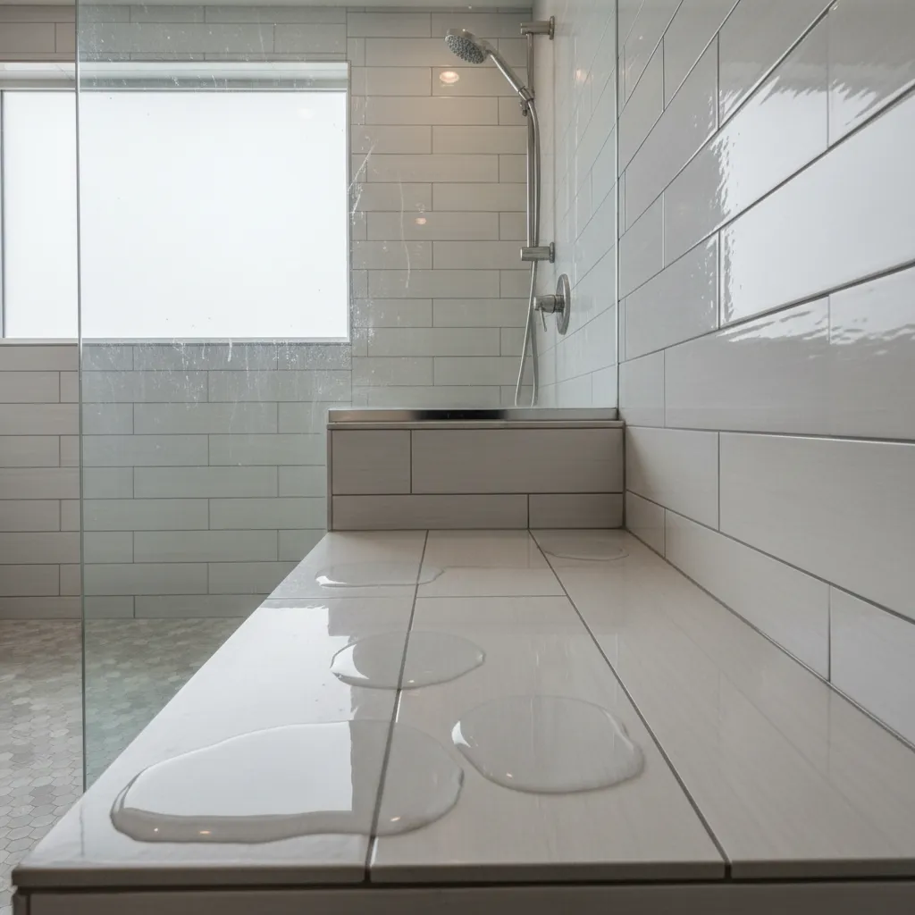 water pooling on tiled shower bench surface