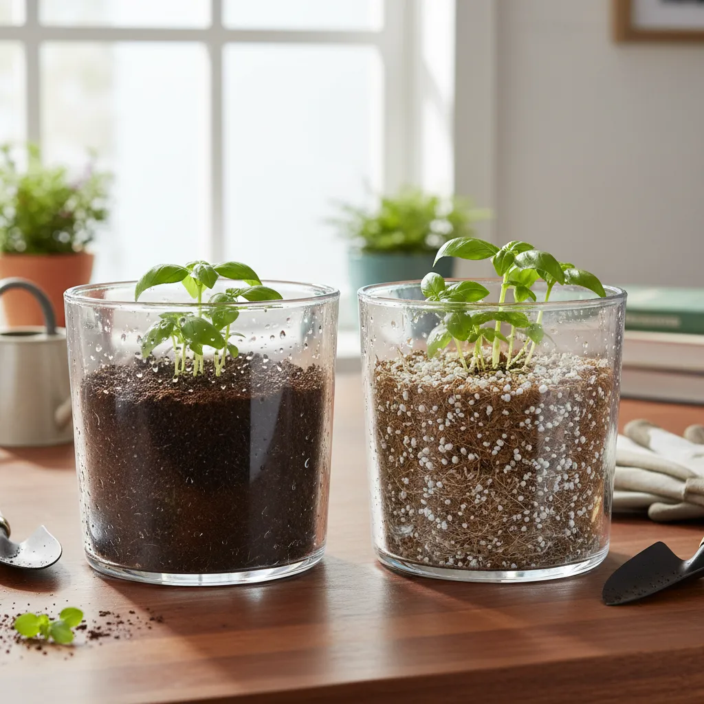 Side by side containers showing wet outdoor soil and airy indoor potting mix