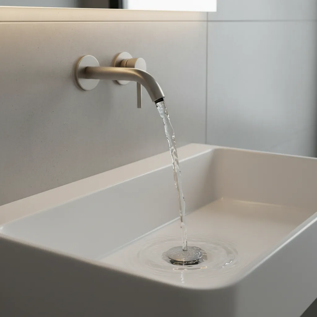 Water stream hitting center of bathroom basin from wall mounted faucet