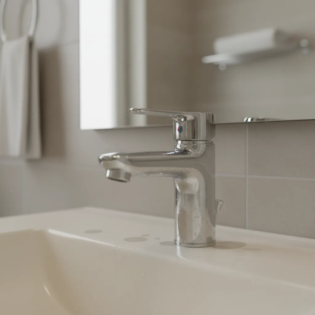 bathroom faucet with visible hard water spots and mineral buildup